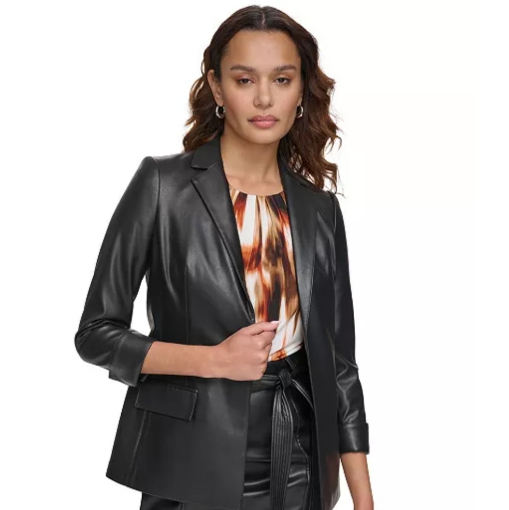 NWT Calvin Klein Womens Vegan Leather Open Front Jacket Size 4P Black Chrome Log